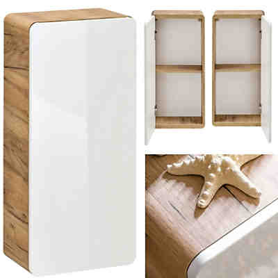 Badezimmer Hängeschrank LUTON-56, Hochglanz weiß, Wotaneiche, B x H x T ca. 35 x 75 x 22cm