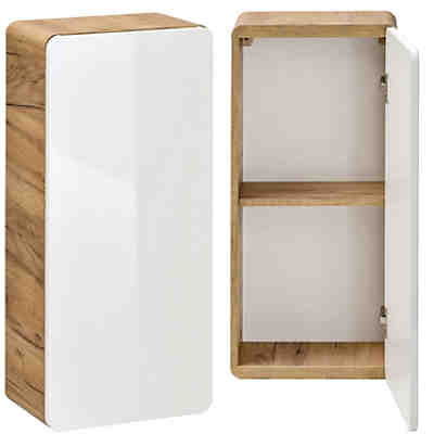 Badezimmer Hängeschrank LUTON-56, Hochglanz weiß, Wotaneiche, B x H x T ca. 35 x 75 x 22cm 2
