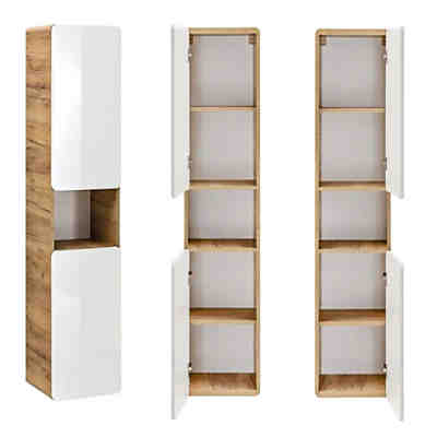 Badmöbel Hochschrank LUTON-56, Wotaneiche Nb. Hochglanz weiß, B x H x T ca. 35 x 175 x 32cm