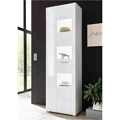 Wohnzimmer Standvitrine CLAVI-61 in weiß Hochglanz, LED-Beleuchtung, B/H/T ca.: 58/192/35 cm