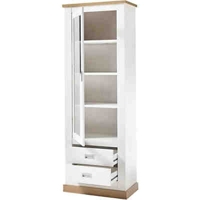 Vitrine OSIMO-61 in Pinie Weiß, Absetzungen in Wotan Eiche - B/H/T: 73/204/40 cm