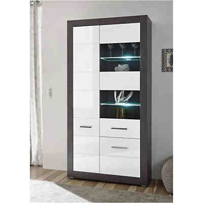 Vitrinenschrank in Hochglanz weiß mit Betonoptik dunkel ETON-61 mit LED B/H/T: 100/198/35cm