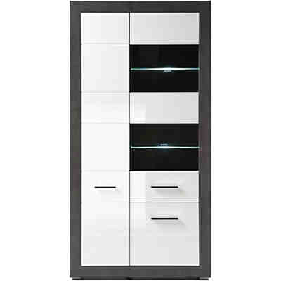 Vitrinenschrank in Hochglanz weiß mit Betonoptik dunkel ETON-61 mit LED B/H/T: 100/198/35cm 2