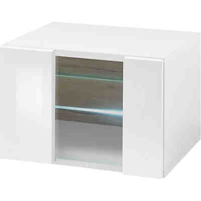 Vitrine in Hochglanz weiß mit Eiche hell Dekor CHUR-61 inkl. Beleuchtung B/H/T: 45/31/38cm
