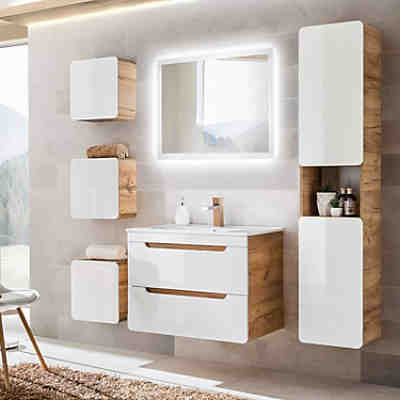 Badezimmermöbel Set Hochglanz weiß mit Wotaneiche LUTON-56 mit LED-Spiegel. B/H/T: ca. 180/200/46 cm