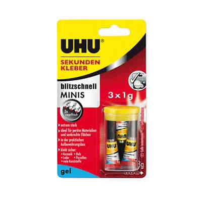 UHU SEKUNDENKLEBER blitzschnell MINIS Gel, Aufbewahrungsbox mit 3 x 1g,Infokarte