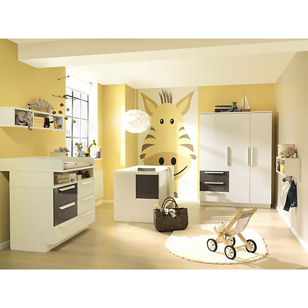 Komplett Kinderzimmer MILLA groß, 4-tlg. (Kinderbett, Kommode, Wickelaufsatz und 3-türiger Kleiderschrank), Weiß/Lava Hochglanz