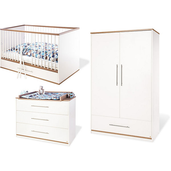 Komplett Kinderzimmer TUULA groß, 3-tlg. (Kinderbett, Wickelkommode breit und 2-türiger Kleiderschrank), Nussbaum/Weiß