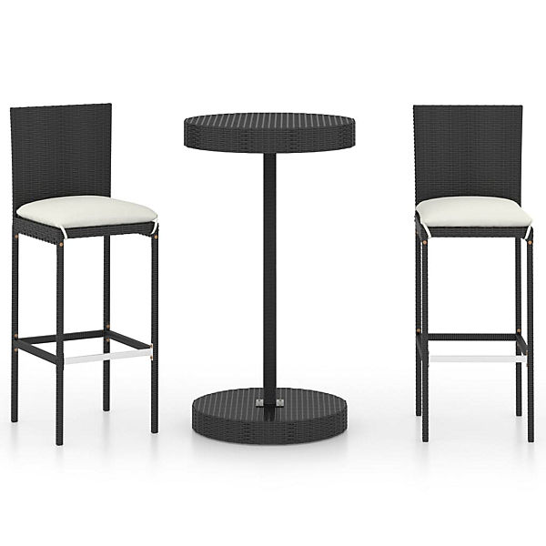 3-tlg. Gartenbar-Set mit Kissen Poly Rattan Schwarz