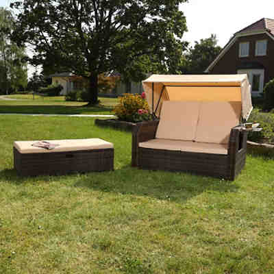 Sonnenliege Strandkorb Gartenliege mit Sonnenschutz aus Polyrattan in Braun mit Kissen 2