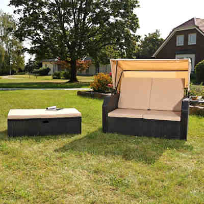 Sonnenliege Strandkorb Gartenliege mit Sonnenschutz aus Polyrattan in Schwarz mit Kissen 2
