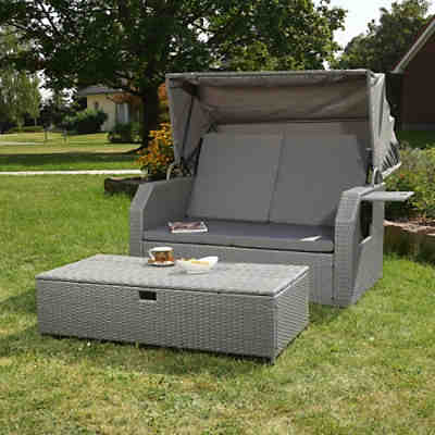 Sonnenliege Strandkorb Gartenliege mit Sonnenschutz aus Polyrattan in Grau mit Kissen 2