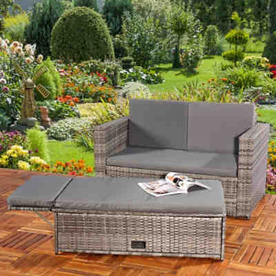 Gartenmöbel Sitzgarnitur Loungeset aus Polyrattan in Grau mit Kissen, Tisch & Stauraum