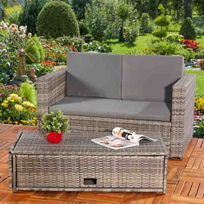 Gartenmöbel Sitzgarnitur Loungeset aus Polyrattan in Grau mit Kissen, Tisch & Stauraum 2