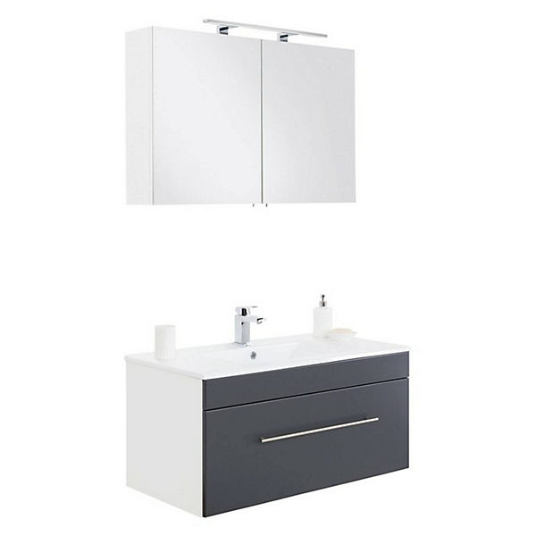 Badezimmer Waschplatz Set 100cm Mineralguss Waschtisch, LAGOS-02 Seidenglanz anthrazit, B x H x T ca. 100 x 195 x 48cm
