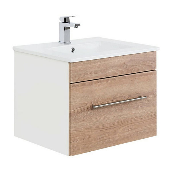 Badezimmer Waschtisch mit Waschbecken LAGOS-02 Eiche hell Nb., B x H x T ca. 60,5 x 50 x 46,3 cm