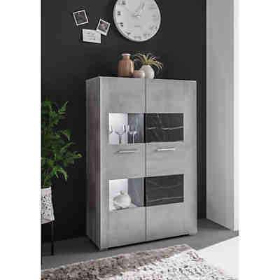 Wohnzimmervitrine MORA-61 in Stein grau mit Marmor anthrazit, B/H/T: ca. 80/123/35 cm