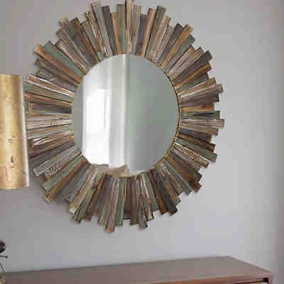 Wandspiegel Hängespiegel Flurspiegel 90 CM Rund in Braun aus Holz Dekospiegel Shabby Look