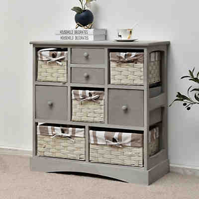 Kommode + 5 Körben + 4 Schubladen Landhaus Shabby Schrank Anrichte Regal M 2