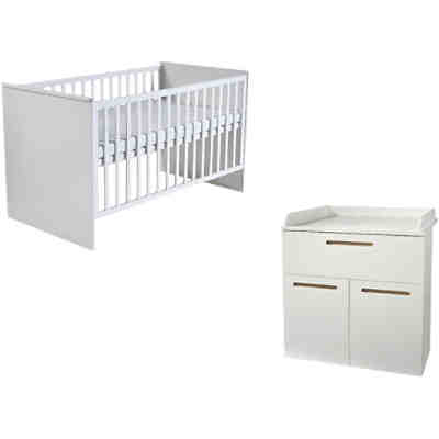 Kinderbett & Wickelkommode (schmal 2-türig) Sparset CAMBINO CITY, Weiß & farbige Griffhinterlegung