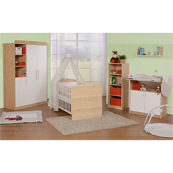 Komplett Kinderzimmer LENA, 3-tlg. (Kinderbett, Wickelkommode und 3-türiger Kleiderschrank), Weiß/Eiche
