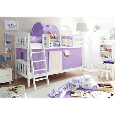 Etagenbett Erni Country-V, Kiefer massiv weiß, 90 x 200 cm, lila-beige