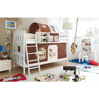 Etagenbett Erni Country-V, Kiefer massiv weiß, 90 x 200 cm, Pirat braun-beige