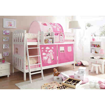 Etagenbett Erni Country-V, Kiefer massiv weiß, 90 x 200 cm, Pferd pink