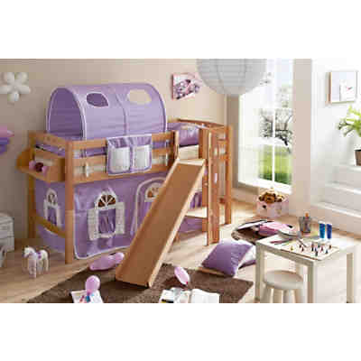 Spielbett mit Podest und Rutsche Tino, Buche massiv, natur, 90 x 200 cm, lila-weiß