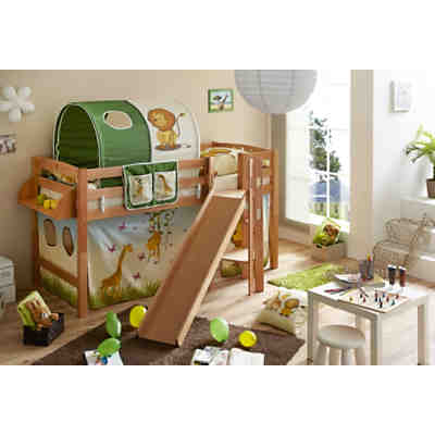 Spielbett mit Podest und Rutsche Tino, Buche massiv, natur, 90 x 200 cm, Safari