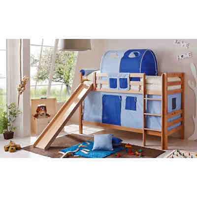 Spielbett Lupo, Buche massiv natur, 90 x 200 cm, hellblau-dunkelblau