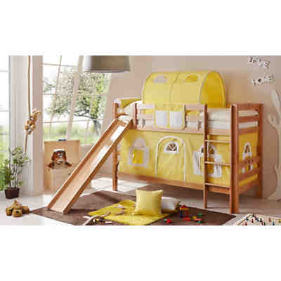Spiel- & Etagenbett Lupo, Buche massiv natur, 90 x 200 cm, gelb-weiß