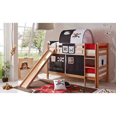 Spiel- & Etagenbett Lupo, Buche massiv natur, 90 x 200 cm, Pirat schwarz-weiß