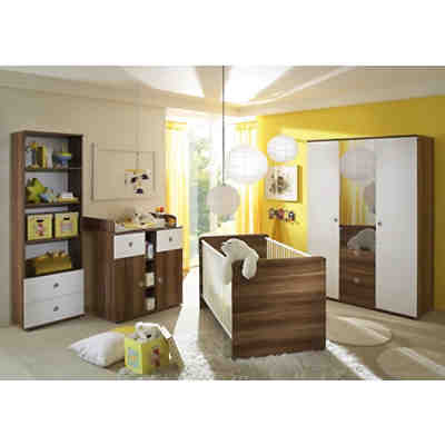 Babyzimmer Milu, 4-tlg. (Kleiderschrank 3-trg., Babybett, Wickelkommode, Standregal), Walnuss-weiß