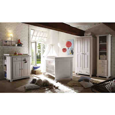 Babyzimmer Laura I, 5-tlg. (Kleiderschrank 2-trg., Kinderbett, Wickelkommode, Standregal, Wandregal), Kiefer weiß