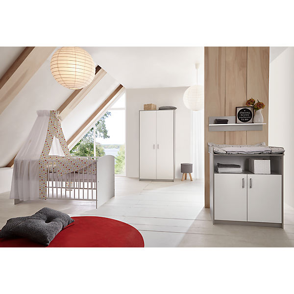 Komplett Kinderzimmer Classic Grey (Kombi-Kinderbett 70 x 140 cm mit Umbaukit, Wickelkommode und Kleiderschrank 2-trg.), Dekor weiß/grau