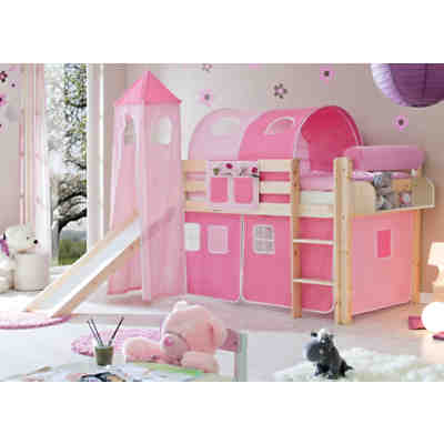 Spielbett mit Turm Kasper, Kiefer massiv, natur, rosa-pink, 90 x 200 cm