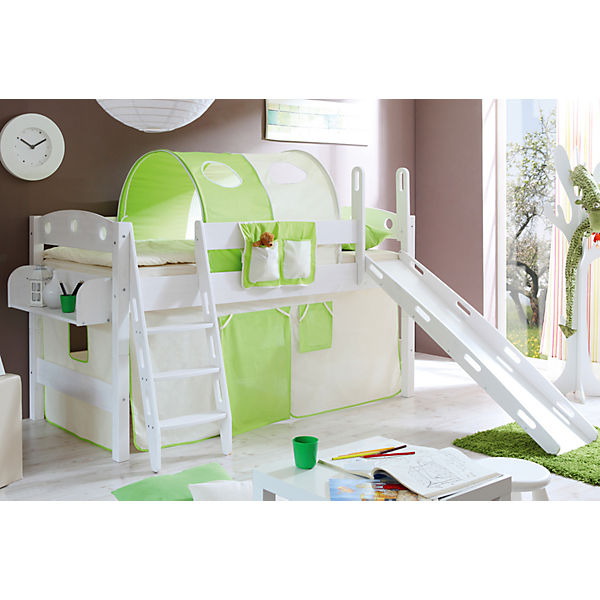 Spielbett Kenny R, Kiefer massiv, weiß, beige-grün
