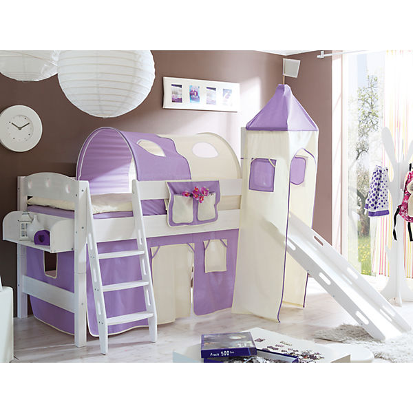 Spielbett mit Turm Kenny R, Kiefer massiv, weiß, lila-beige