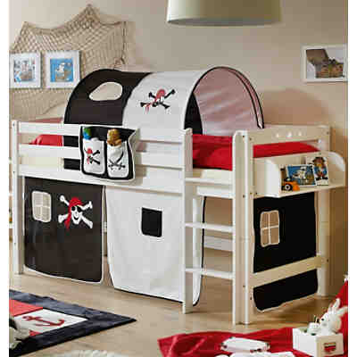 Hochbett Timmy R, Buche massiv, weiß, Pirat schwarz-weiß, 90 x 200 cm