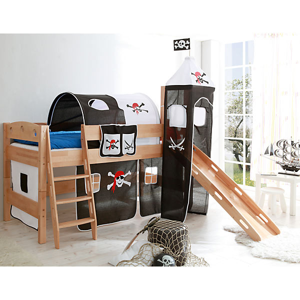 Spielbett mit Turm Kenny R, Buche massiv, natur, Pirat schwarz-weiß
