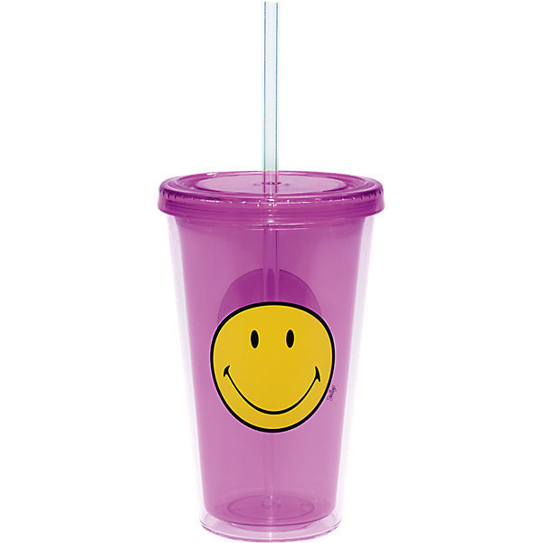 Doppelwandiger Kunststoff Trinkbecher "Smiley World" mit Strohhalm