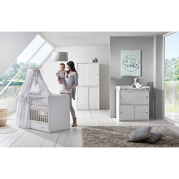 Komplett Kinderzimmer Clic, 3-tlg.(Kombi-Kinderbett 70x140, Umbauseiten, Wickelkommode mit Wickelaufsatz und Kleiderschrank 4-trg.), Buche teilmassiv, weiß