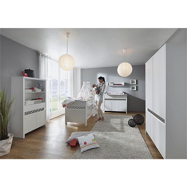 Sparset Planet Star, 2-tlg. (Kombi-Kinderbett 70x140 cm, Umbauseiten und Wickelkommode mit Wickelaufsatz), Buche teilmassiv, weiß/dunkelgrau
