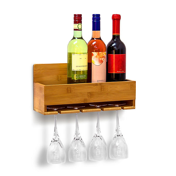 Wand-Weinregal für 4 Flaschen + 4 Weingläser