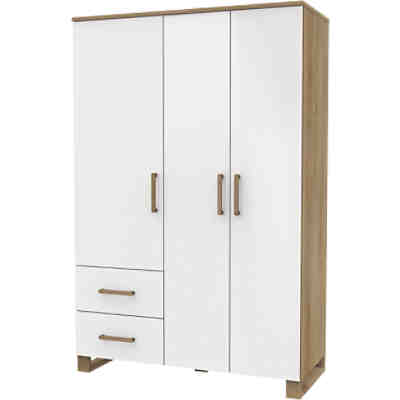 Benno, Kleiderschrank Riviera Eiche-Nachbildung / Kristallweiß Hochglanz