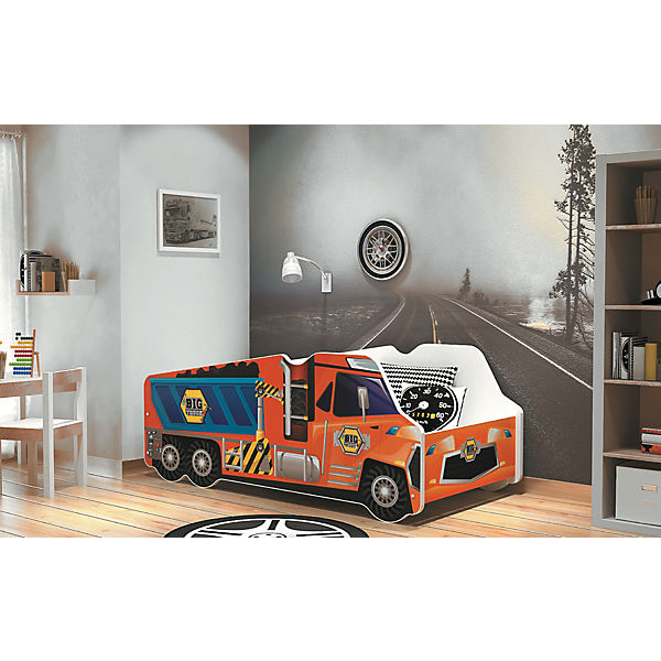 Autobett LKW inkl. Lattenrost und Matratze, orange, 70 x 140 cm