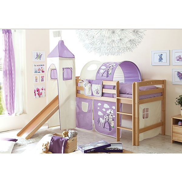 Spielbett mit Turm Toby R, Buche massiv, natur lackiert, Horse lila, 90 x 200 cm