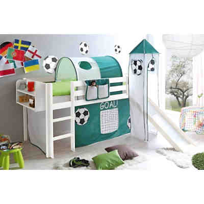 Spielbett mit Turm Kasper, Kiefer massiv, weiß lackiert, GOAL, 90 x 200 cm