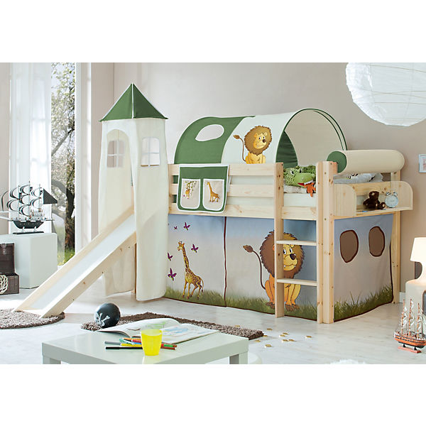 Spielbett mit Turm Kasper, Kiefer massiv, natur lackiert, Safari, 90 x 200 cm